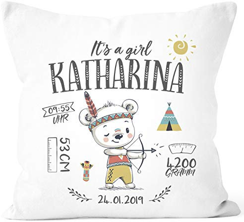 SpecialMe® personalisierbares Kissen zur Geburt Indianer Häuptling, Geburtskissen Junge Mädchen, Namenskissen Geschenk Geburt, Kissen-Bezug ohne Füllung Mädchen weiß Unisize