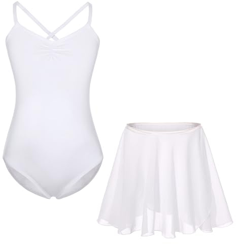 FONLAM Vestito Body Danza Classica Balletto per Bambine Ragazze Body Ginnastica Cotone + Gonna Danza (Bianco, 10-11 Anni)