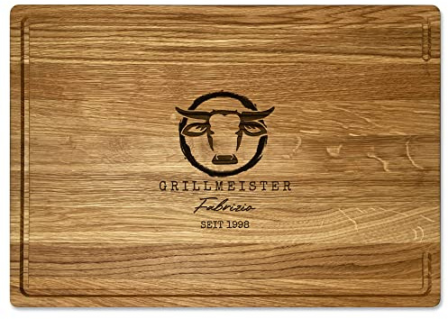 LOOXIS Personalisiertes Premium Schneidebrett mit Namen graviert – 40x30 cm, Eichenholz, Saftrille, Steakbrett, Charcuterie Board – Geschenkidee Männer, Frauen, Vatertag, Muttertag, Einzug – Motiv 1
