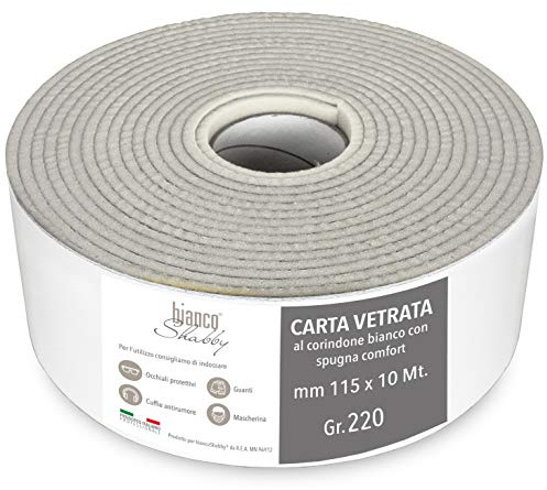 Carta Vetrata grana 220 biancoShabby® Professionale con Spugna Salvadita - Rotolo da 10 metri 80 STRAPPI Pretagliato ideale per Stile Shabby e Industrial