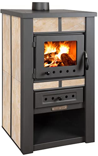 ProTermo Alpina Ceramic Beige Kaminofen mit Schamottstein - 8 kW Heizleistung - 50 x 48 x 82 cm Holzofen mit Sichtfenster, Bauart 1