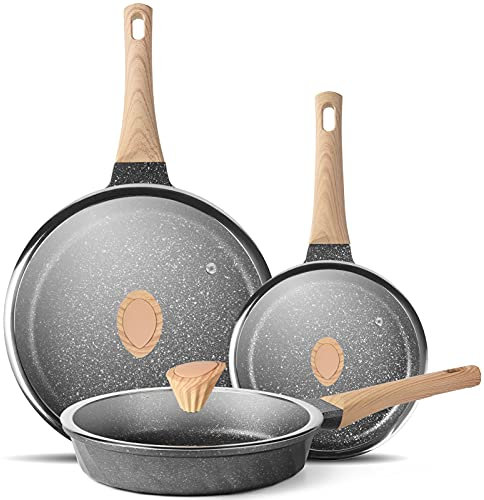 YIIFEEO Antihaft-Bratpfannen-Set, Steinpfannen-Set, Omelette-Pfannen-Kochgeschirr-Set, Induktions-Bratpfanne mit 3 Deckeln (20,3 cm, 24,1 cm und 27,9 cm)