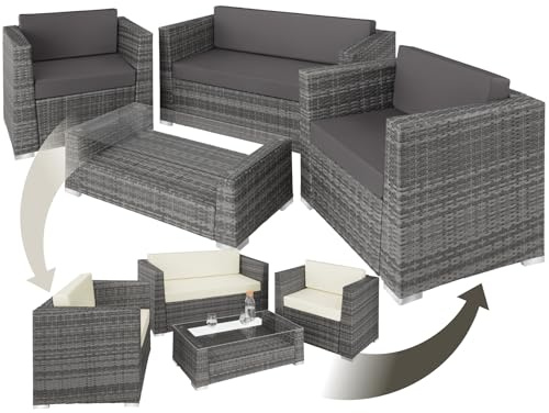 tectake® Set di Mobili da Esterno in Rattan e Alluminio, 1 Divano, 2 Poltrone, 1 Tavolino Salotto con Lastra in Vetro, Set di Rivestimenti per Cuscini, 4 Cuscini Extra Inclusi - Grigio