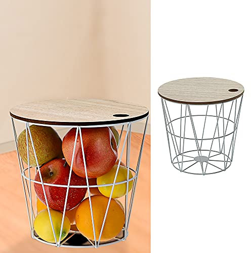 Metallkorb mit Holzdeckel | H 21cm Drahtgestell weiß | Drahtkorb Aufbewahrung (1 x Metallkorb weiß)