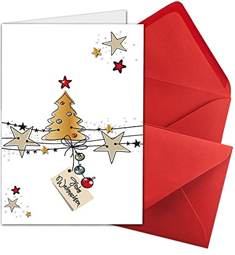 NEUSER PAPIER 15x XL Weihnachtskarten-Set DIN A5 mit Motiv Weihnachtsbaum und Sterne - Faltkarten mit passenden Umschlägen DIN C5 Rot mit Nassklebung - Weihnachtsgrüße für Firmen und Privat