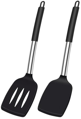 Paquete de 2 espátulas de silicona, una espátula con fugas de silicona, adecuada para sartenes, huevos fritos, pescado frito, panqueques, etc., alta resistencia al calor, sartén antiadherente (negro)