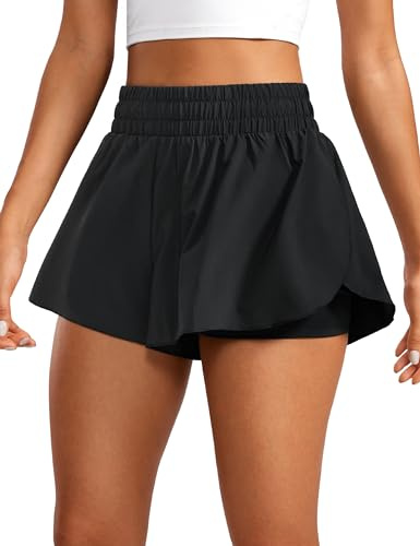 CRZ YOGA Women's 2 in 1 Flowy Running Shorts High Waisted Quick Dry Sport Gym Biker Shorts Athletic Tennis Skirts with Pockets Black 8