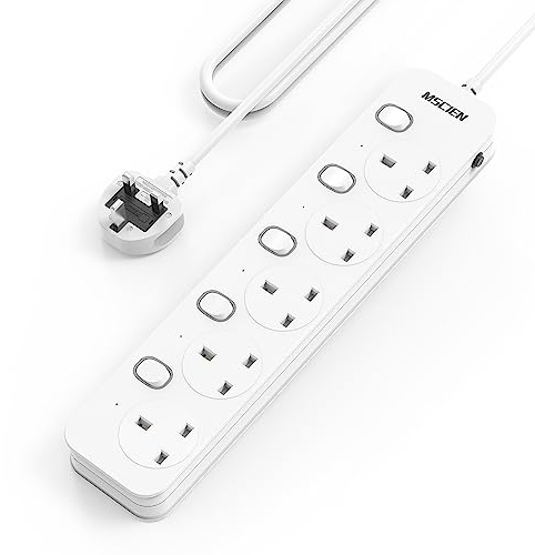 Mscien Extension Lead 5M 5 Way, Multiple Protections, Individual Switches | Overload Protection, Wall Mounted, Fused, 13A, 3250W, Safety Door, Flame Retardant, Wide Socket Space, LED Indicators