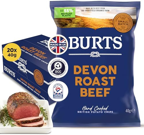 Burts Devon Roast Beef Hand Cooked Chips – 20 x 40 g Multipack – Gluten Free Crisps, Hydrogenated Fat Free, Potato Crisps – Beef Crisps Snacks | Crunchy snack with distinct seasoning and a practical pack format.