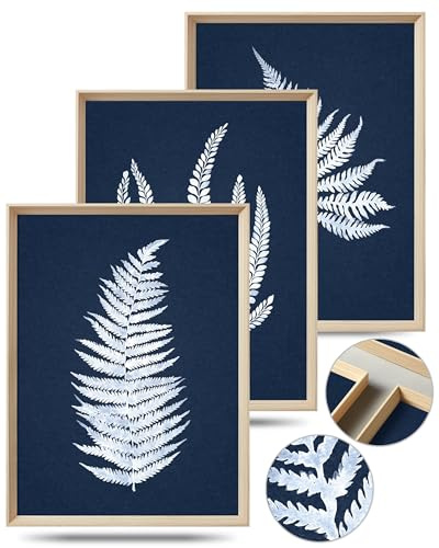 UPWOIGH Gerahmte Wandkunst (kein Plexiglas), minimalistisch, 30 x 40 cm, botanische Wanddekoration, Farnpflanzen, gerahmte Drucke, weiße Blätter, tropische Pflanzen, blauer Marine-Hintergrund, hoher