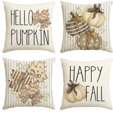 Artoid Mode Streifen Hallo Kürbisse Herbst 40x40 cm 4er Set Kissenbezüge | Saisonal Blätter Fall Zierkissenbezug Cushion Cover Couch Wohnzimmer Deko