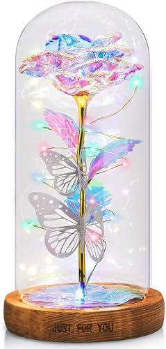 ZAJCI Rosa eterna sotto campana regalo donna con luci LED – San Valentino rosa eterno con fiori luminosi per lei, festa della mamma, matrimonio, Natale, compleanno (colore)