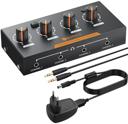 Neoteck Amplificatore per Cuffie 4 Canali Stereo con Controlli di Volume Amplificatore 4 Canali Audio Mono/Stereo in Metallo con Cavo Audio da 3,5 mm per Piccole Band Club Bar Mixer da Palco