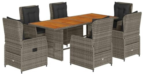 vidaXL Garten Essgruppe 7-TLG., Gartenmöbel Set mit Kissen, Gartengarnitur Tisch 6 Stühle, Sitzgruppe für Garten Terrasse, Grau Poly Rattan
