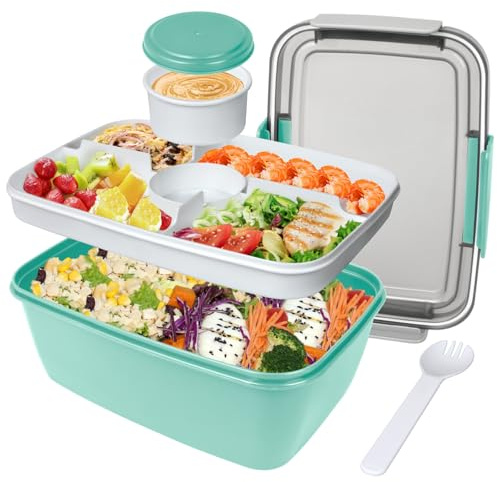 Salad Containers, 2000ml Large Salad Lunch Box for Adults, Leak Proof Salad Bowl Bento Boxes with 5-Compartment Tray, Lid, Dressing Pots, Cutlery for Work Picnic Packed Food Fruit Snack, Green