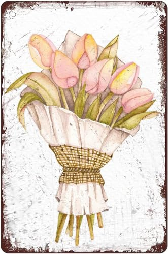 Pink Tulip Bouquet Jute Twine Flowers Vintage Metal Tin Sign Flower Home Decor Funny Novelty Kitchen Bar Club Garage Garden Farm Wall Art Tin Signs 8x12 Inch