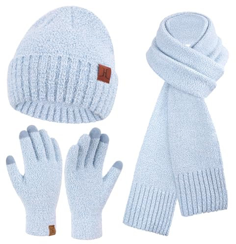 Winter Warm Damen Mütze Lange Schal Touchscreen Handschuhe Set Thermo Wintermütze Strickmütze Beanie Winterhandschuhe Schals für Damen Geschenk Frauen, Himmelblau