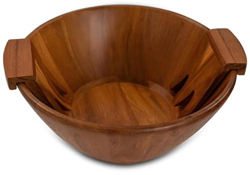 Joline Designs Saladier en bois d'acacia avec fourchettes de service – Grand saladier avec design en bois durable pour 6 à 8 portions, facile à nettoyer, naturellement beau, idéal pour les réunions de
