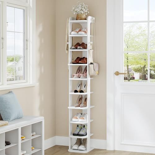 Hzuaneri Schuhregal, 10 Ebenen, Platzsparend, mit Haken, 26,5B cm, Weiß | Holz-Schuh-Organizer, Verstellbar, Geeignet für Eingang, Flur, Wohnzimmer, SR21003X