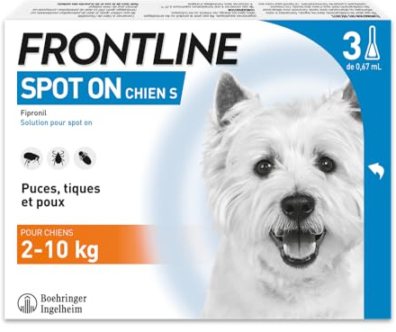 Frontline Spot on Chien - Anti Puces, Anti-Tiques et Poux - Élimine Puces Pendant 8 Semaines-Tiques Pendant 4 Semaines - pour Petit Chien 2 à 10 kg - Fabriqué en France - 3 Pipettes