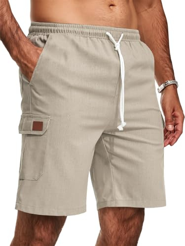 Zetieny Herrshorts sommar cargo shorts sport linne shorts casual bermudashorts med fickor, Khaki, XXL