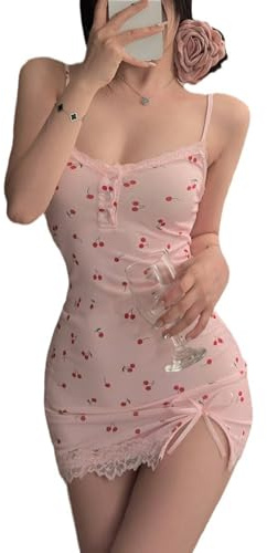 MIZSPISE Camisón para Mujer Vestido de Pijama Camisón con Tirantes Lencería Sexy Ropa de Dormir Verano (Cereza Rosa, Talla única)