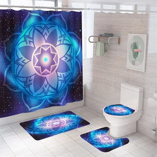 Badezimmerteppich Blaue Lila Blume Badteppich rutschfest Waschbar Badgarnitur 3 Teilig – Badematte Set Mit Wc-Vorleger Und Badematte,Teppich Badezimmer Für Sicherheit Und Komfort Im Bad 50×80Cm