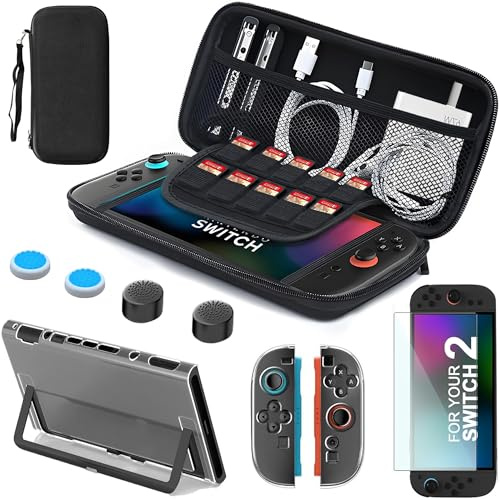 Bärväska för Nintendo Switch 2 förvaringsväska, 9-i-1 Switch 2 tillbehörspaket med konsolskyddsfodral, Jo-Con 2 skal, skärmskydd, spelkortplatser, tumgrepp, bärbar resväska