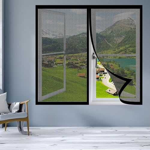 Magnet Fliegengitter Fenster 170 x 130 cm Insektenschutz Fliegengitter Fenster mit Rahmen Ohne Bohren Atmungsaktiv Selbstschließend für Terrasse Schlafzimmer Usw., Schwarz