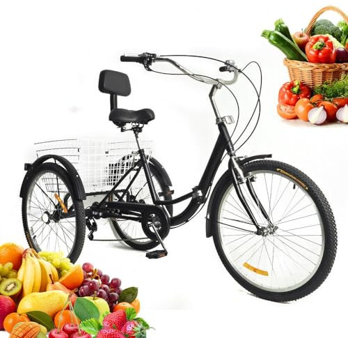 Klapprad 24 Zoll Dreirad Für Erwachsene - 7-Gang 3-Rad-Fahrrad Cargo Trike Cruiser Fahrraddreirad Mit 2 Einkaufskörben Und Bequemer Rückenlehne Höhenverstellbares Fahrrad Für Outdoor-Sportar