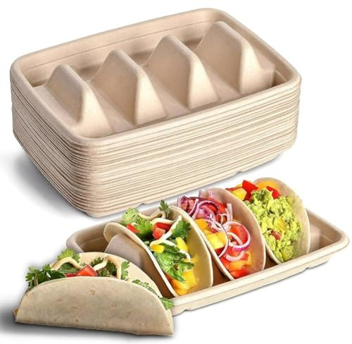 HiyyFloy 50 Soportes para Tacos para Fiesta, Platos De Papel para Taco con Divisores, Soporte para Bandeja De Taco, Soportes para 3 Tacos, Taco Tuesday Lazy Susan Taco Bar para Servir para Una Fiesta