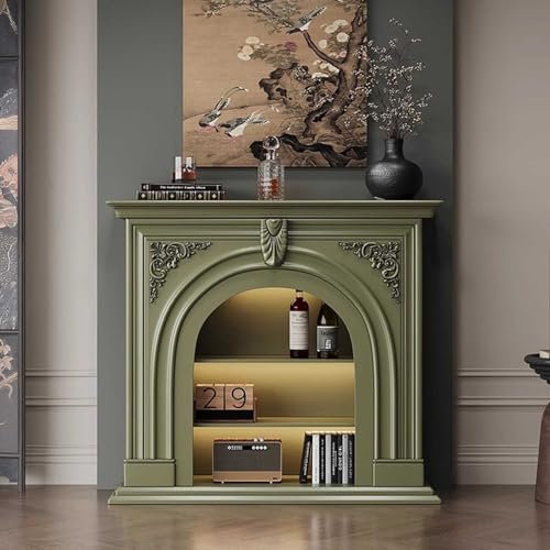 Freestanding Mantel Stand, Modern Media Fireplace Cabinet for Living Room Bedroom, Wooden Mantel Console Table with Storage Shelves