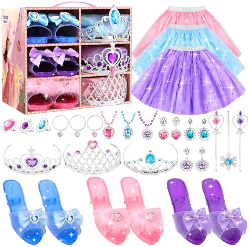 AINIOKA Princess Dress Up Clothes for Girls 4-6: Princess Toys Kit with Shoes, Skirts, Crown, Wands & Play Jewelry, Birthday Gifts for 3 4 5 6 Year Old Girl Party Favors Role Playing