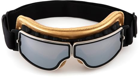 evomosa Gafas de moto vintage aviador retro plegables de cuero PU resistentes al viento para hombres y mujeres (Oro Plata)