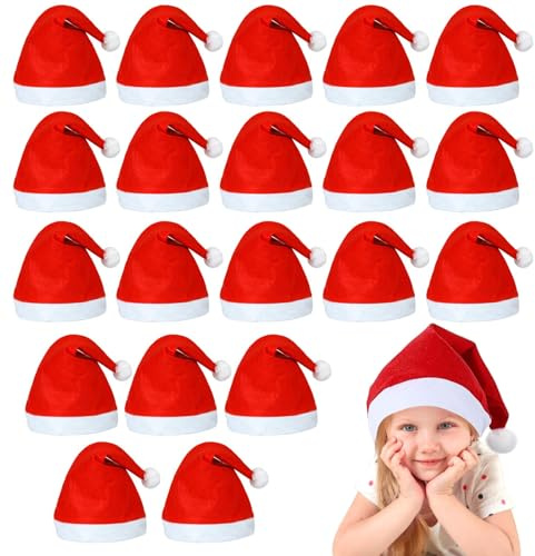 YUVATERA 20 Pezzi Cappelli di Babbo Natale,Cappello Babbo Natale Peluche per Bambino,Cappellini Tradizionali Rosso e Bianco Unisex Taglia Unica Natalizio,Accessori per Costume di Unica