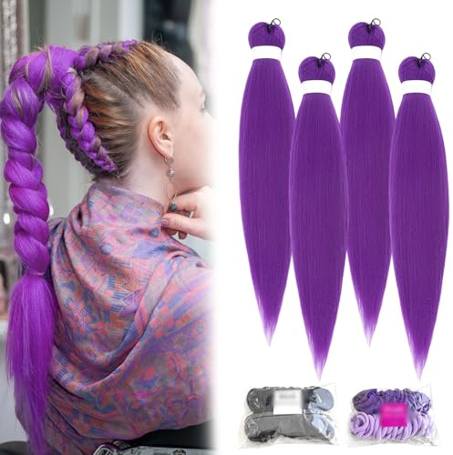 4 pezzi di capelli viola da intrecciare, 66 cm, capelli sintetici da intrecciare, viola, allungamenti per capelli intrecciati, adatti per palcoscenico Halloween Party