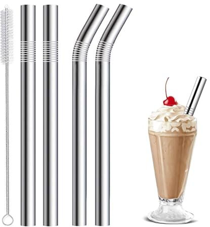 4 Pcs Metal Straws,Silver Reusable Straws with 1 Tube Cleaner,Metal Straw Drinking,Stainless Steel Straw,Straight & Bent Drinking for Milkshake,Smoothie Water Juice and Jumbo Thick Drinks