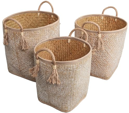 happimess BSK2026W-3SET Celia Lot de 3 paniers de rangement rustiques en forme de feuille de palmier tissés à la main avec poignées en corde pour décoration de salon, chambre à coucher, naturel/blanc