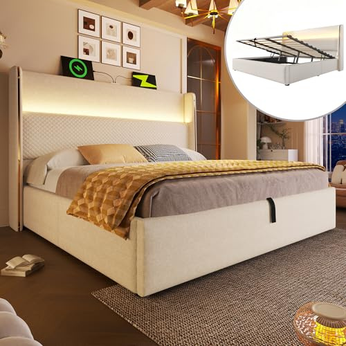 VSOGA Modern hydraulisk säng med hög sänggavel, 180 x 200 cm dubbelsäng med LED-belysning, förvaringsutrymme och USB/typ C-anslutningar, i linneutseende beige