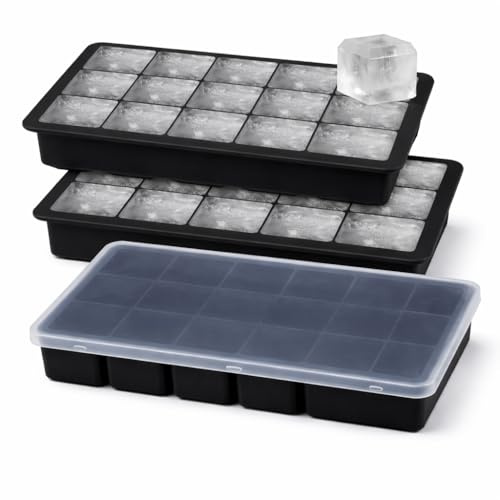 Silicone Ice Cube Trays with Lids (3 Pack) | Large Ice Cube Tray Set | Easy-Release 15 Square Ice Cube Moulds for Freezer | Flexible Ice Tray for Drinks, & Cocktails | Black