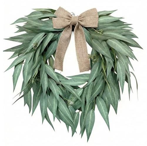 Heart Shaped Artificial Eucalyptus Wreath 20 Inch – Faux Willow Leaves with Burlap Bow, Farmhouse Greenery Door Wreath for Front Door, St. Patrick’s Day, Wedding & Seasonal Home Decor