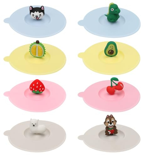 Silicone Cup Cover, 8 Pack Reusable Cup Covers for Drinks 10cm/3.9in Anti-Dust Glass Covers for Drinks to Stop Flies Suction Seal Mug Lids for Hot Cool Drink with Replaceable Fruit Animal Handle