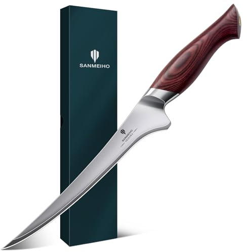 SANMEIHO Filetiermesser 18 cm, Scharfes Ausbeinmesser für Fleisch, Japanischem 10Cr15Mov-Superhartstahl, Profi Küchen-Fischmesser mit Flexibler Klinge und Ergonomischem Pakkaholzgriff- OKINAWA Series