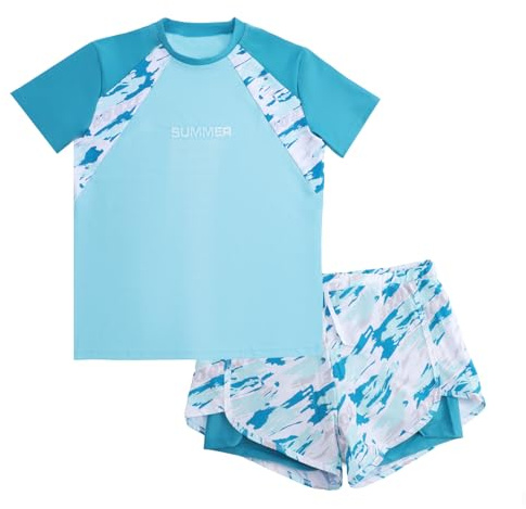 InfiniZer Boys Swimming Costume Two Piece Swimsuit Set, Camo Rash Guard Swim Top & Shorts Kids Swimwear, UPF 50+ Sun Protection, Age 5-13 Years (UK, Age, 10 Years, 12 Years, Regular, Green)
