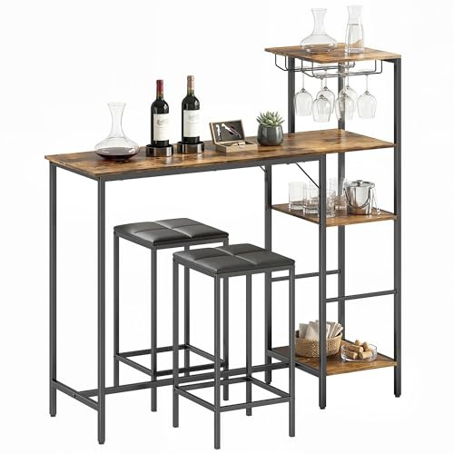 HOMCOM 3 Piece Breakfast Bar Table and Stools Set, Rustic Brown