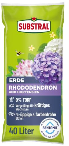 Substral Rhododendron & Hortensienerde 40L torffrei vorgedüngt sauer | Mit Bentonit zur Speicherung von Wasser und Nährstoffen | Für alle Moorbeetpflanzen mit niedrigem pH-Wert | Torffrei