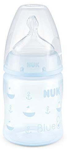 NUK First Choice+ Fläschchen, 150 ml, 0-6 Monate, Silikon, Anti-Kolik, BPA-frei, neutral, Blau, 1 Stück