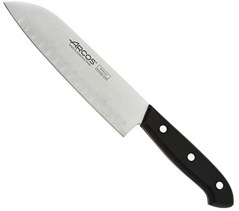 Arcos Cuchillo Rocking Santoku de 17 cm para Precisión Culinaria Profesional | Hoja de Acero Inoxidable NITRUM con Borde de Seda | Mango Ergonómico de Madera de Encina | Cuchillo japonés de acero Nitrum para carne, pescado y verduras. Mango de polioximetileno, negro.