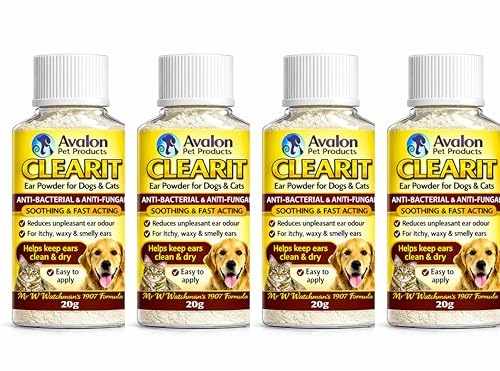 Avalon Pet Products CLEARIT 4 x 20G Ear Powder for Dogs & Cats Anti Bacterial & Anti Fungal Powder Supports Yeast Control, Itching, Wax Build-Up & Odour Helps Keep Ears Dry, Fresh & Comfortable