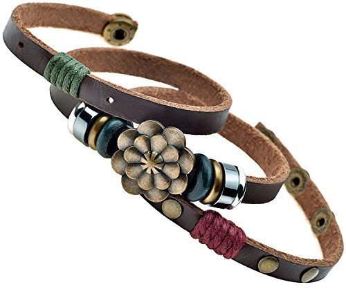 CELOKIY Women's Boho Brown Leather Wrap Bracelet with Brass/Bronze Lotus Flower Stack Trendy Jewelry